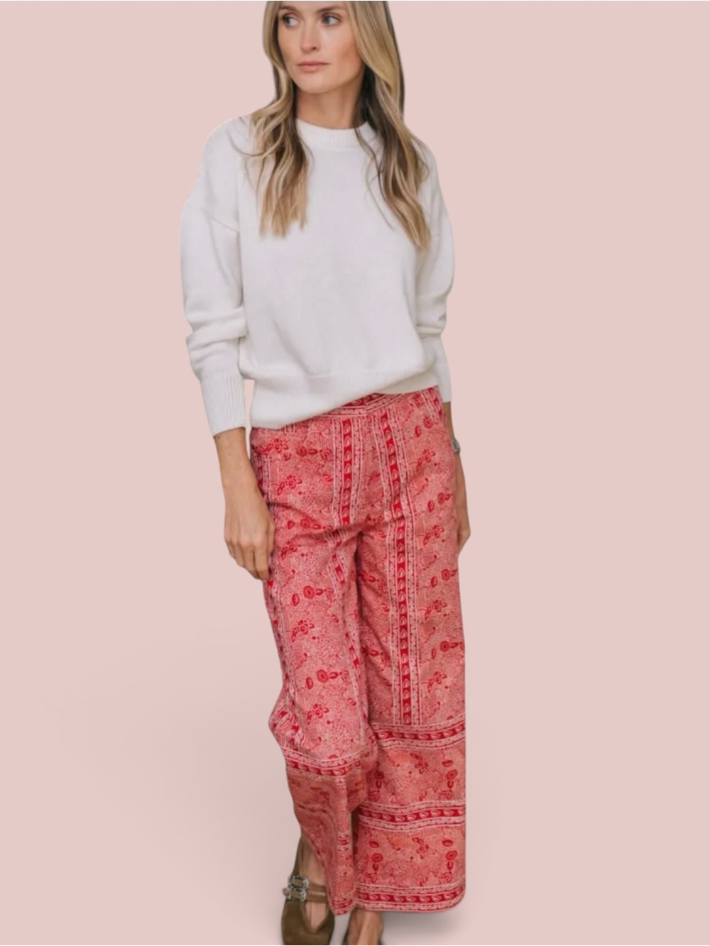 Julia Amory Babe Pant Garnet Marbella Block Print Wide Leg Crop Size Medium